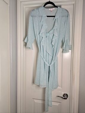 Oscar de la Renta Blue Ruffle Tie-Waist Mini Nightgown With Robe Set, Size S/M